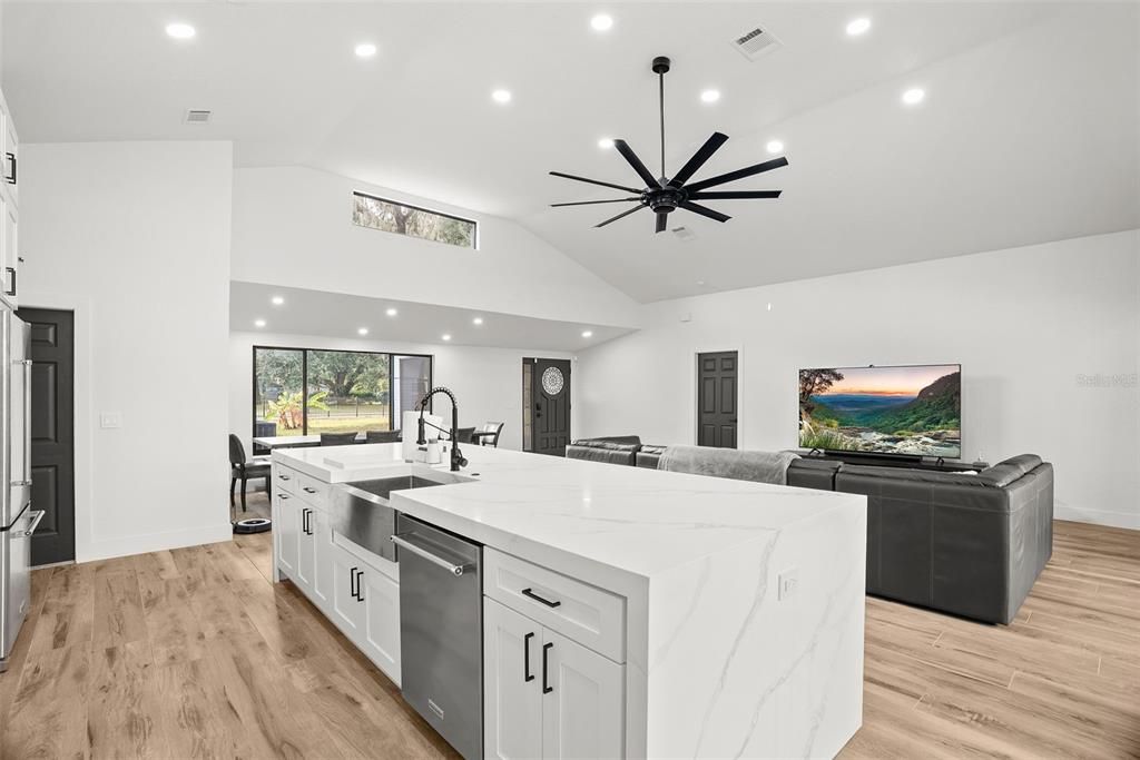 Interior, Kitchen, Pendant Lights, Recessed Lighting, Wood Texture Flooring