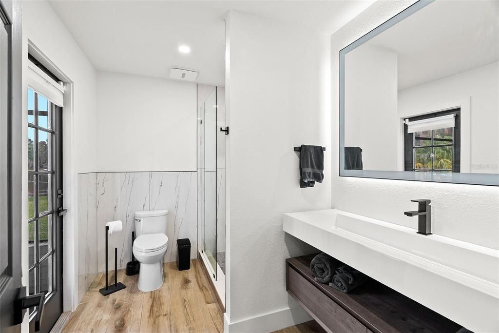 Bathroom, Glass Shower, Interior, Recessed Lighting, Wood Texture Flooring