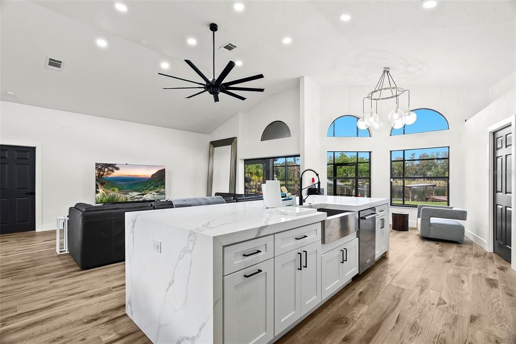 Interior, Kitchen, Pendant Lights, Recessed Lighting, Wood Texture Flooring