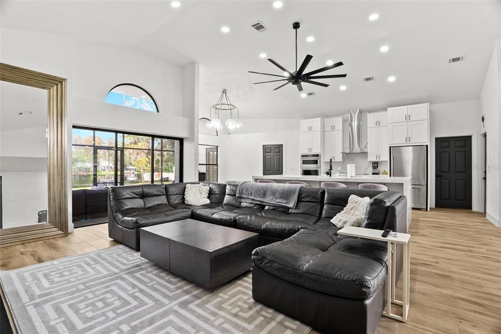 Interior, Kitchen, Living room, Pendant Lights, Recessed Lighting, Stainless Steel Appliances, Wood Texture Flooring