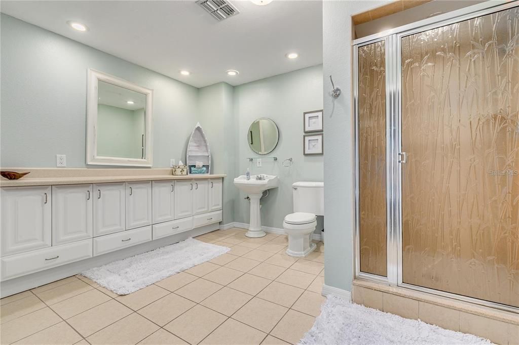 Bathroom, Dual Sink Vanities, Glass Shower, Interior, Recessed Lighting