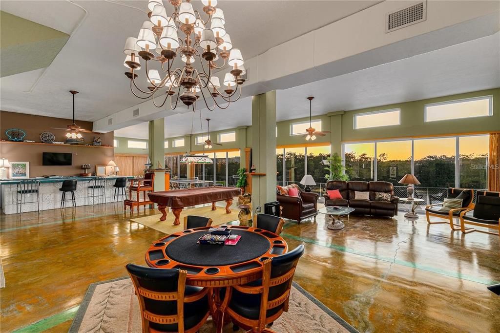 Billiard Table, Chandelier, Dining room, Game Room, Interior, Living room, Pendant Lights, Wood Texture Flooring