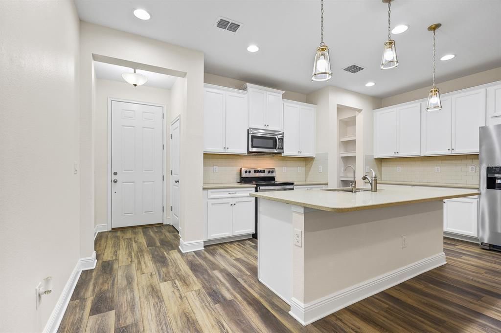 Interior, Kitchen, Pendant Lights, Recessed Lighting, Stainless Steel Appliances, Wood Texture Flooring