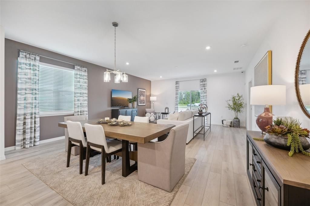 Dining room, Interior, Living room, Pendant Lights, Recessed Lighting, Wood Texture Flooring