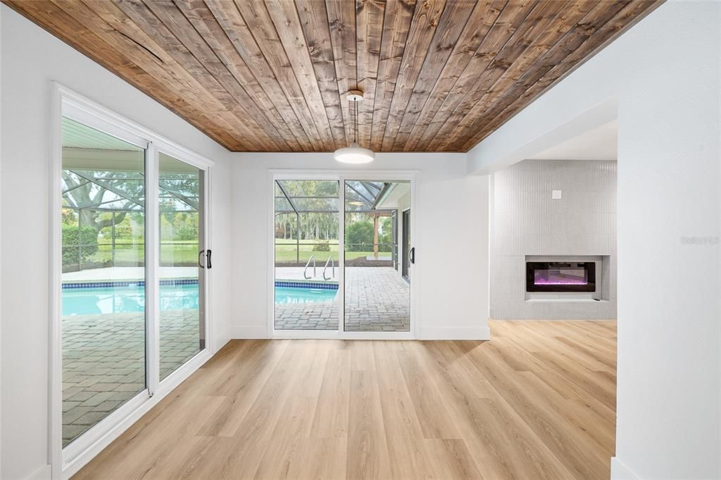 Empty room, Fireplace, Interior, Pool, Wooden Ceilings, Wood Texture Flooring