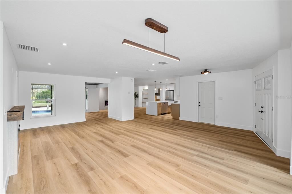 Empty room, Interior, Kitchen, Pendant Lights, Recessed Lighting, Wood Texture Flooring