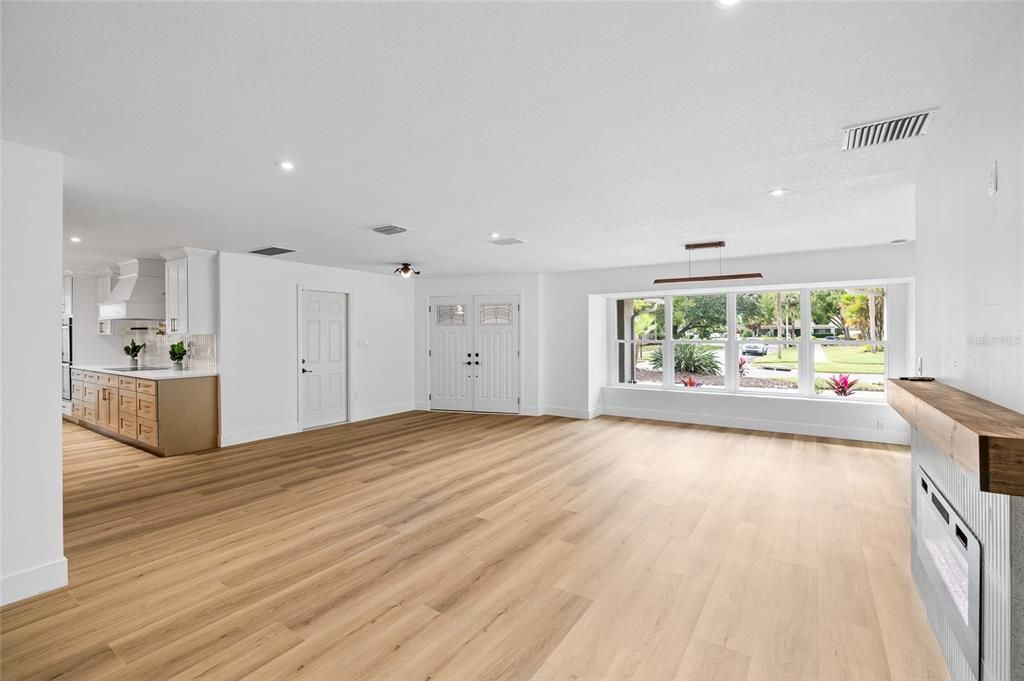 Empty room, Interior, Kitchen, Recessed Lighting, Wood Texture Flooring