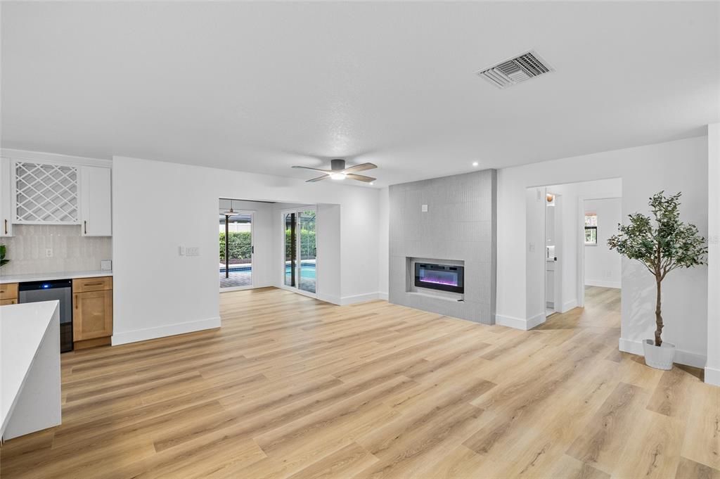 Empty room, Fireplace, Interior, Recessed Lighting, Wood Texture Flooring
