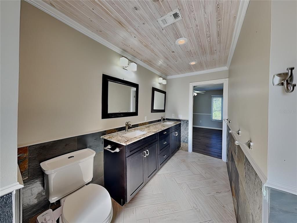 Bathroom, Dual Sink Vanities, Interior, Recessed Lighting, Wooden Ceilings, Wood Texture Flooring