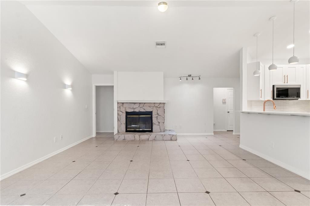 Empty room, Fireplace, Interior, Kitchen, Pendant Lights