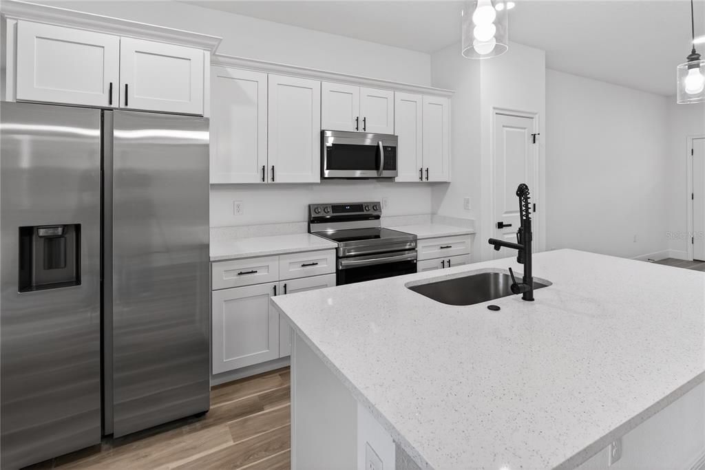 Interior, Kitchen, Pendant Lights, Stainless Steel Appliances, Wood Texture Flooring