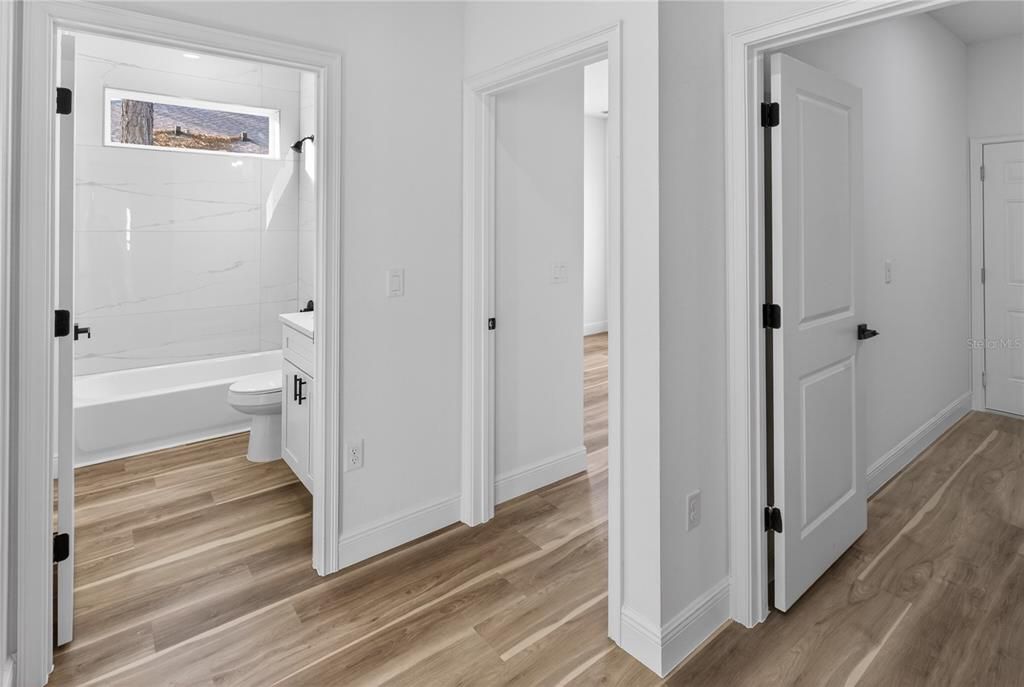 Bathroom, Interior, Marble Walls, Wood Texture Flooring