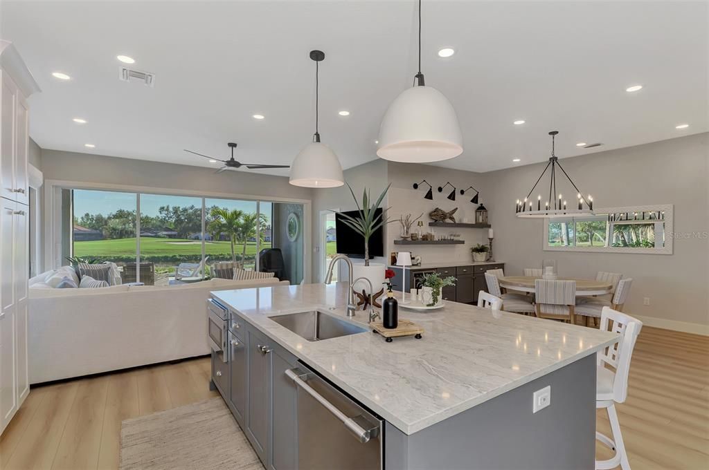 Dining room, Interior, Kitchen, Living room, Pendant Lights, Recessed Lighting, Wood Texture Flooring