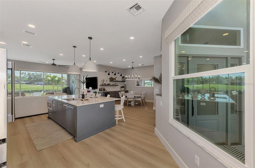 Dining room, Interior, Kitchen, Pendant Lights, Recessed Lighting, Wood Texture Flooring