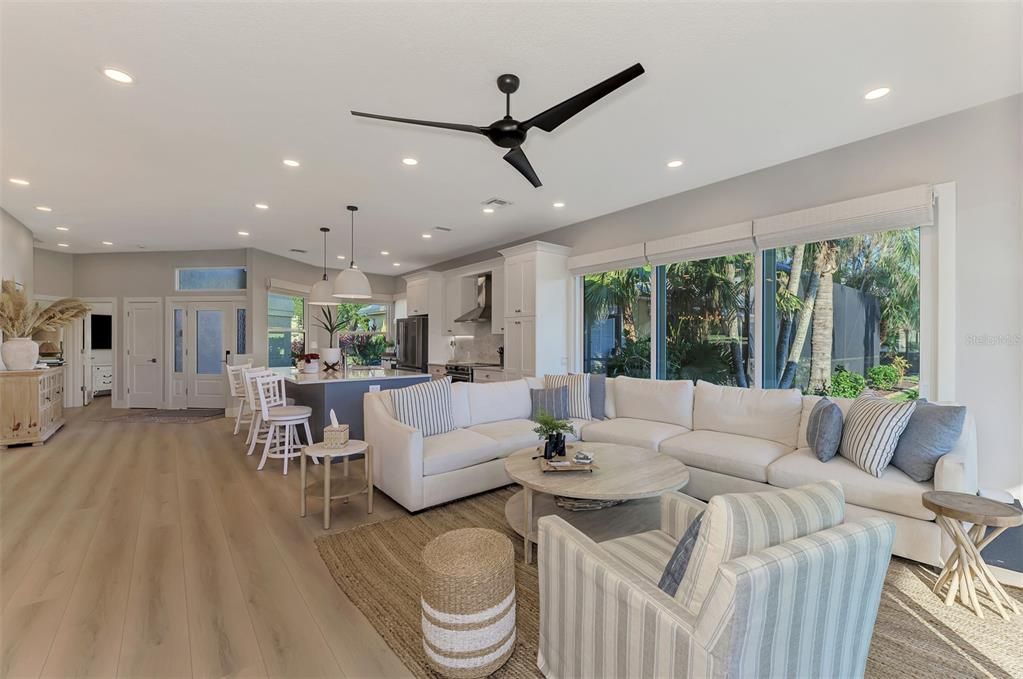 Dining room, Interior, Kitchen, Living room, Pendant Lights, Recessed Lighting, Stainless Steel Appliances, Wood Texture Flooring