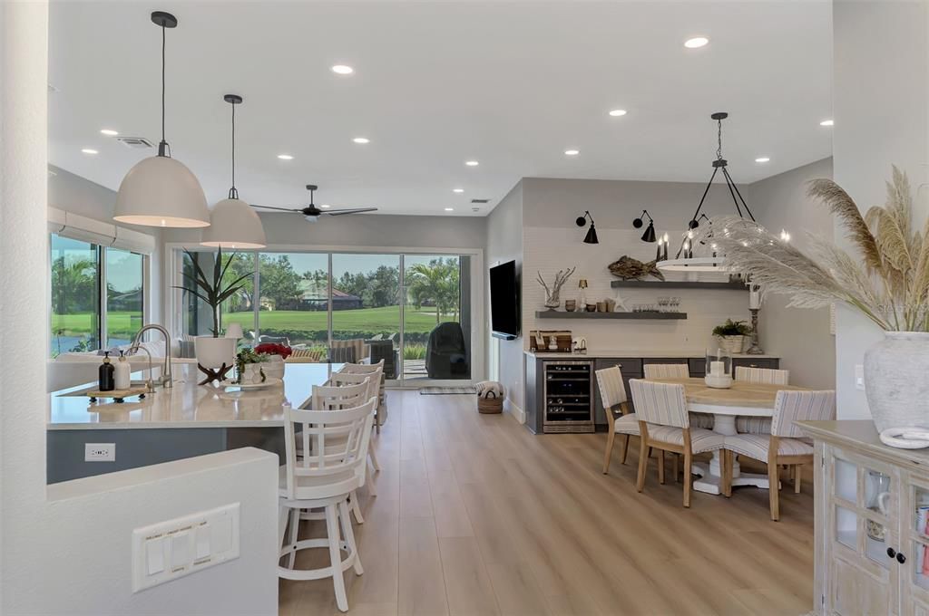 Dining room, Interior, Kitchen, Pendant Lights, Recessed Lighting, Wood Texture Flooring