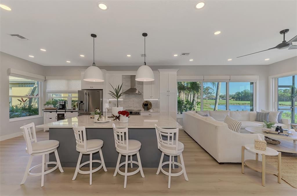 Interior, Kitchen, Living room, Pendant Lights, Recessed Lighting, Stainless Steel Appliances, Water, Wood Texture Flooring