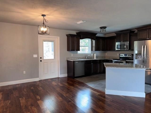 Interior, Kitchen, Pendant Lights, Stainless Steel Appliances, Wood Texture Flooring