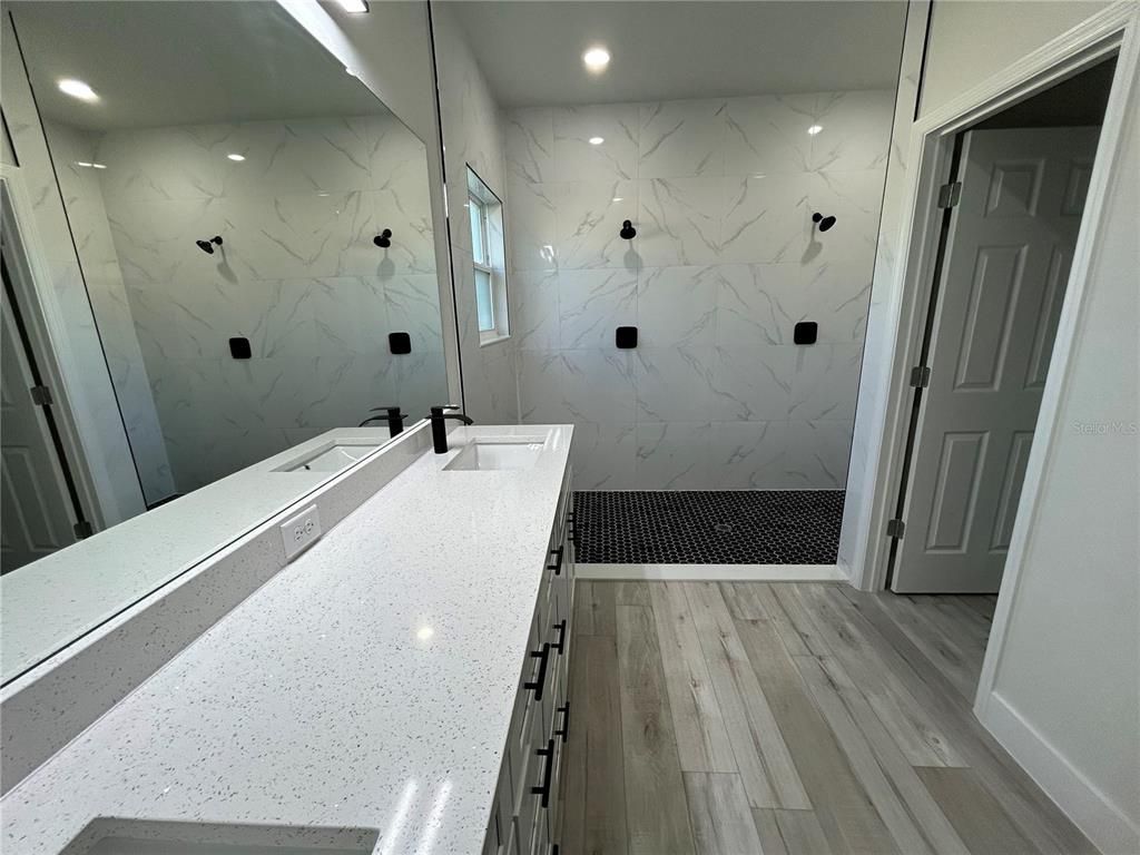 Bathroom, Interior, Marble Walls, Recessed Lighting, Wood Texture Flooring