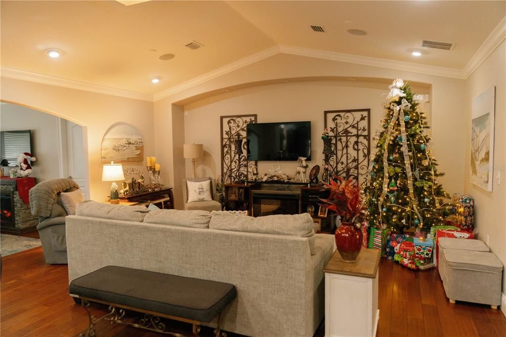 Fireplace, Interior, Living room, Recessed Lighting, Wood Texture Flooring