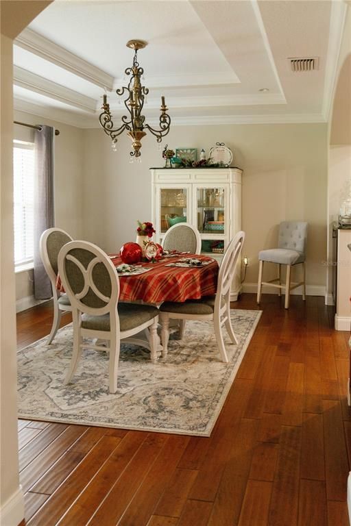 Chandelier, Dining room, Interior, Wood Texture Flooring