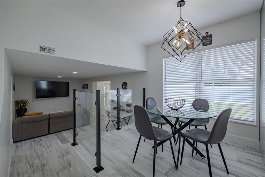 Dining room, Interior, Pendant Lights, Recessed Lighting, Wood Texture Flooring