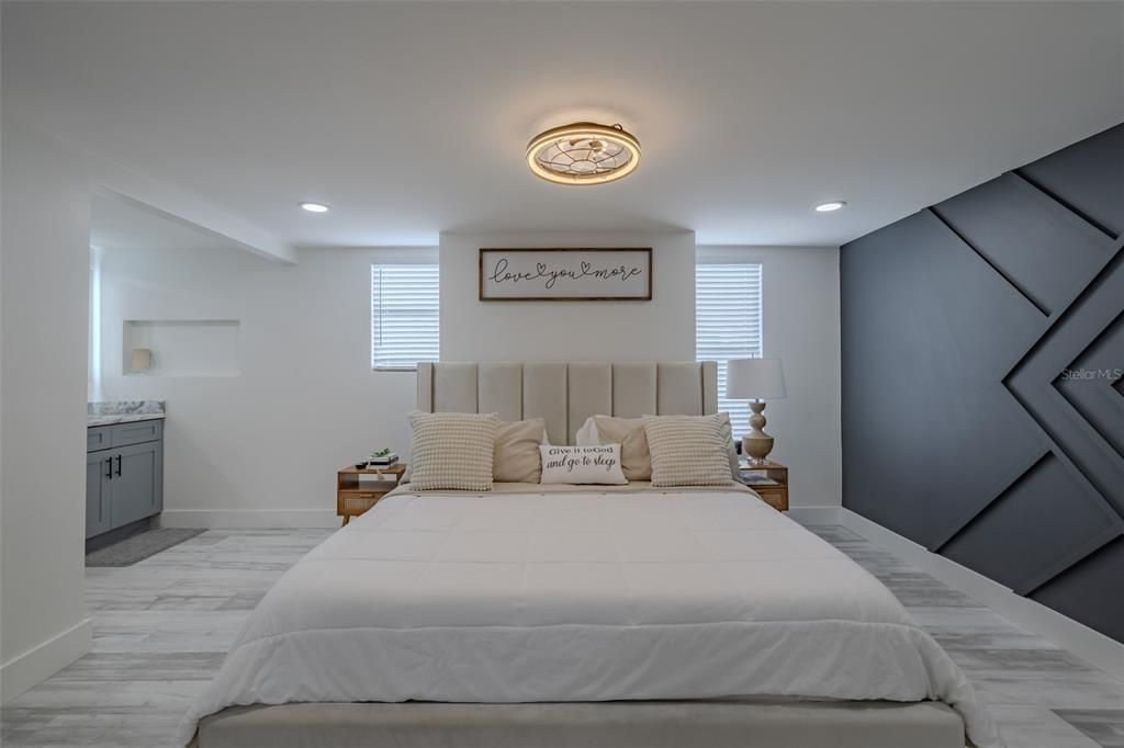 Bedroom, Interior, Recessed Lighting, Wood Texture Flooring