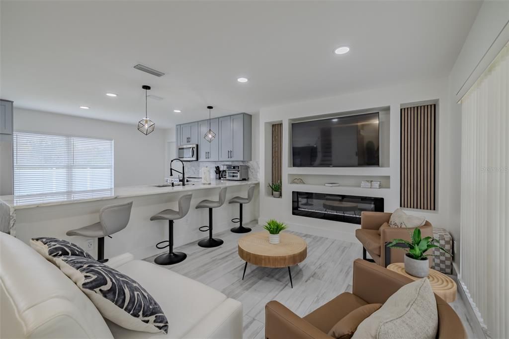 Fireplace, Interior, Kitchen, Living room, Pendant Lights, Recessed Lighting, Wood Texture Flooring