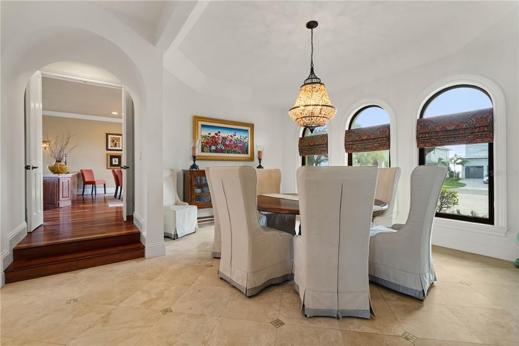 Chandelier, Dining room, Interior, Recessed Lighting, Wood Texture Flooring