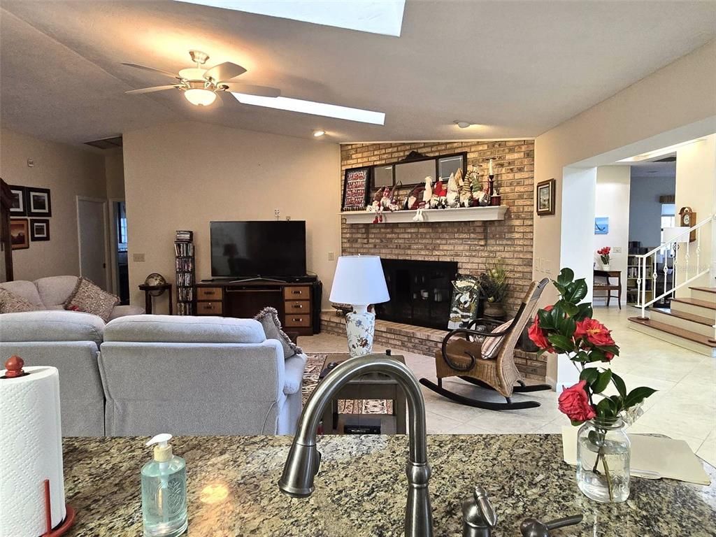 Fireplace, Interior, Living room, Recessed Lighting, Stone Walls