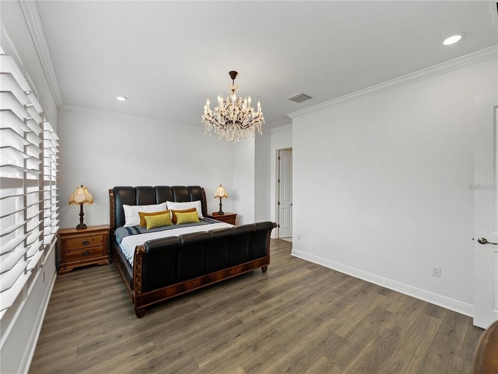 Bedroom, Chandelier, Interior, Recessed Lighting, Wood Texture Flooring