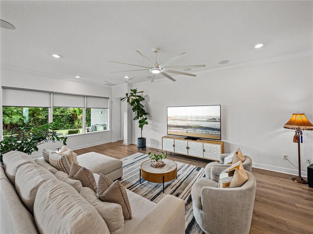 Interior, Living room, Recessed Lighting, Wood Texture Flooring