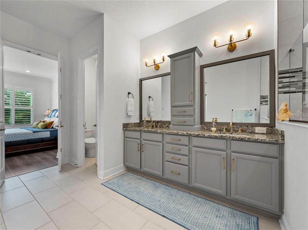 Bathroom, Bedroom, Dual Sink Vanities, Interior, Recessed Lighting, Wood Texture Flooring