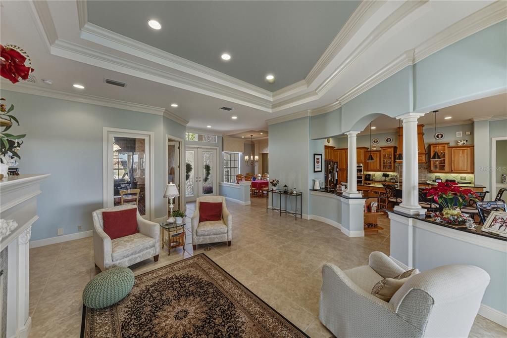 Fireplace, Interior, Kitchen, Living room, Pendant Lights, Recessed Lighting