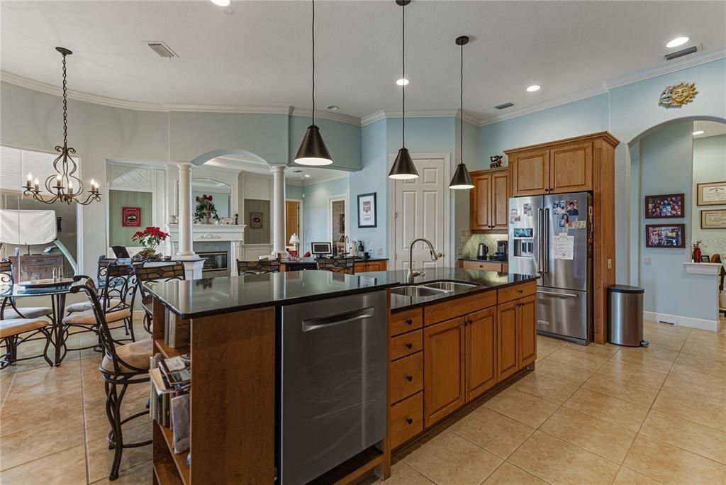 Chandelier, Dining room, Fireplace, Interior, Kitchen, Pendant Lights, Recessed Lighting, Stainless Steel Appliances