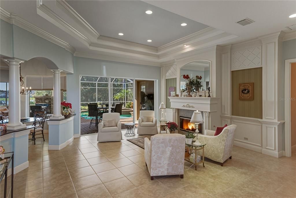 Chandelier, Dining room, Fireplace, Interior, Living room, Recessed Lighting