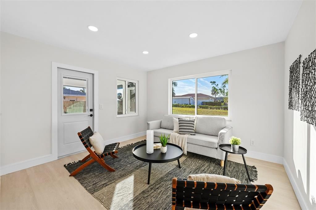 Interior, Living room, Recessed Lighting, Wood Texture Flooring