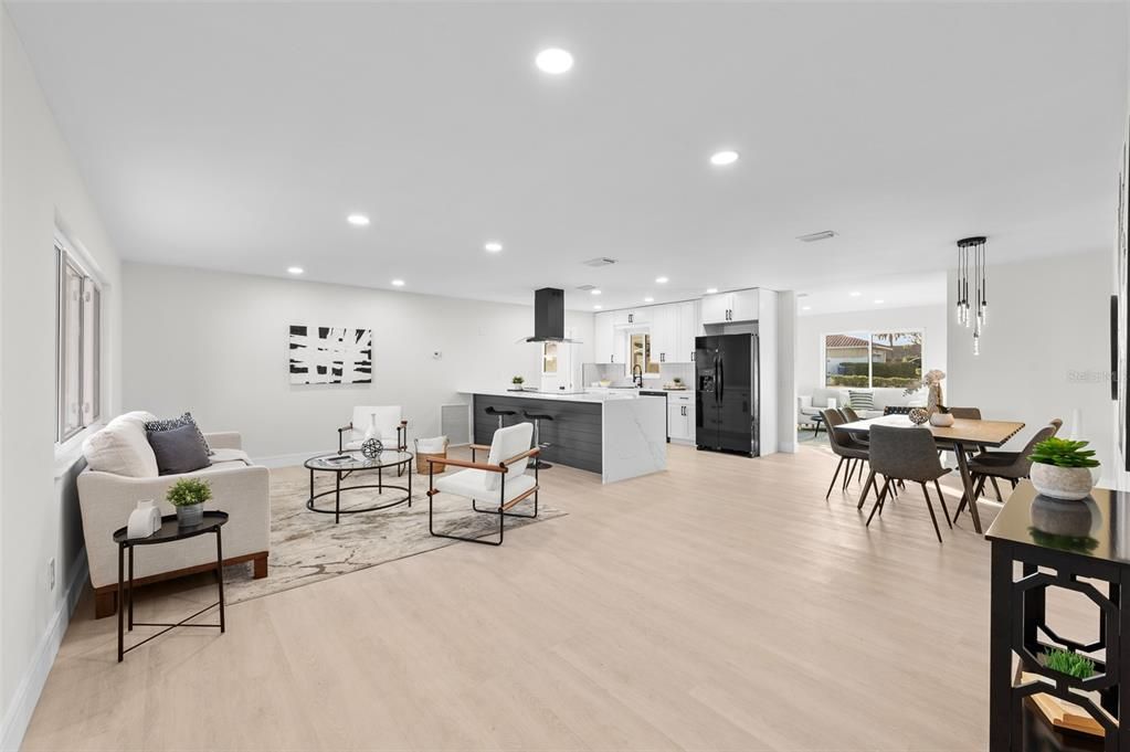 Dining room, Interior, Kitchen, Living room, Pendant Lights, Recessed Lighting, Wood Texture Flooring