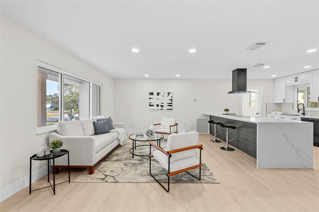 Interior, Kitchen, Living room, Recessed Lighting, Wood Texture Flooring