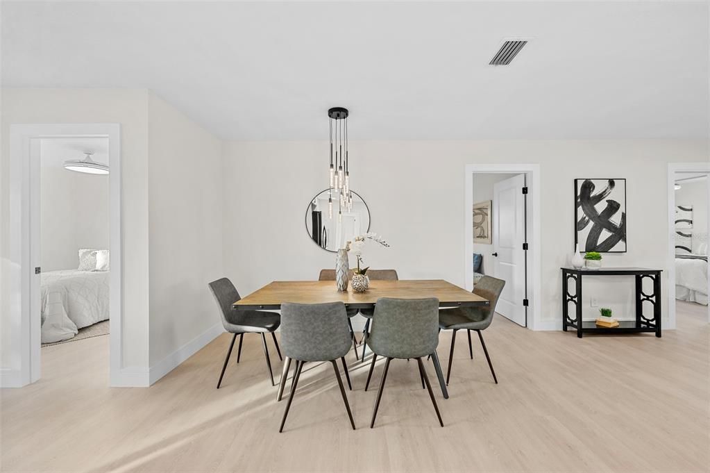 Bedroom, Dining room, Interior, Pendant Lights, Wood Texture Flooring