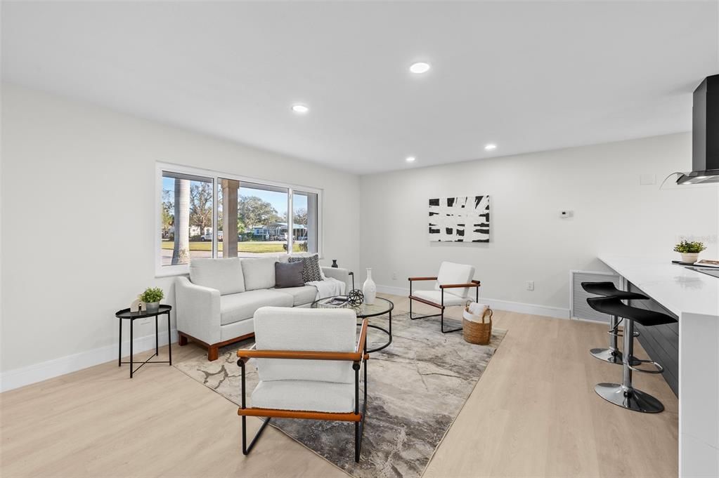 Interior, Living room, Recessed Lighting, Wood Texture Flooring