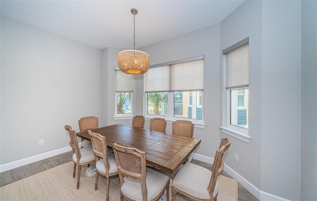 Dining room, Interior, Pendant Lights, Wood Texture Flooring