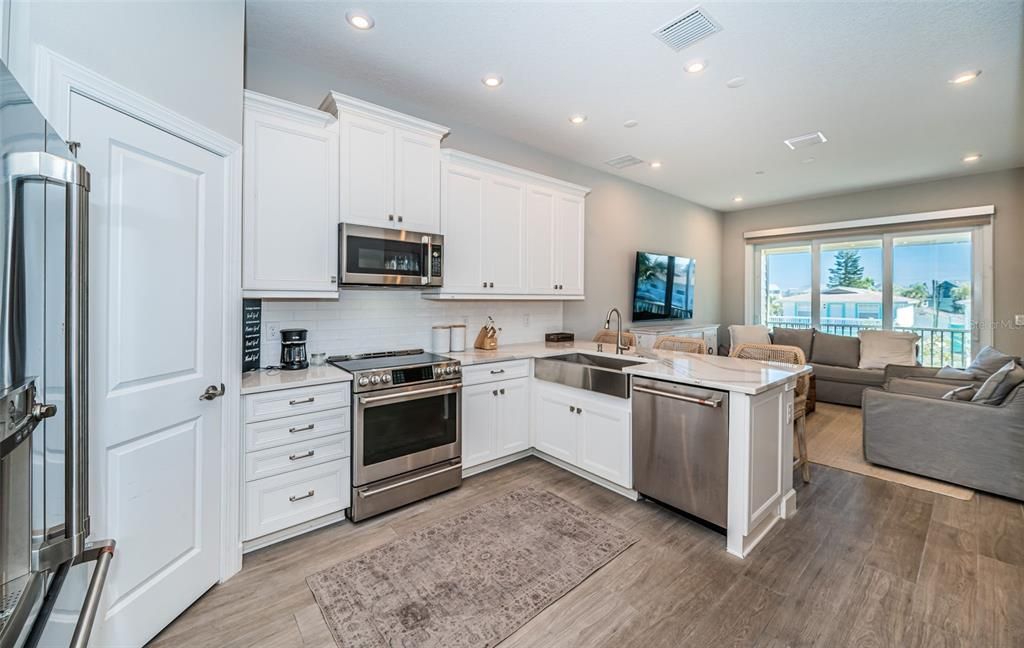 Interior, Kitchen, Living room, Recessed Lighting, Stainless Steel Appliances, Wood Texture Flooring