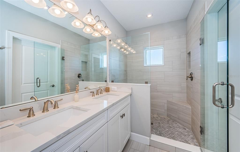 Bathroom, Dual Sink Vanities, Glass Shower, Interior, Recessed Lighting