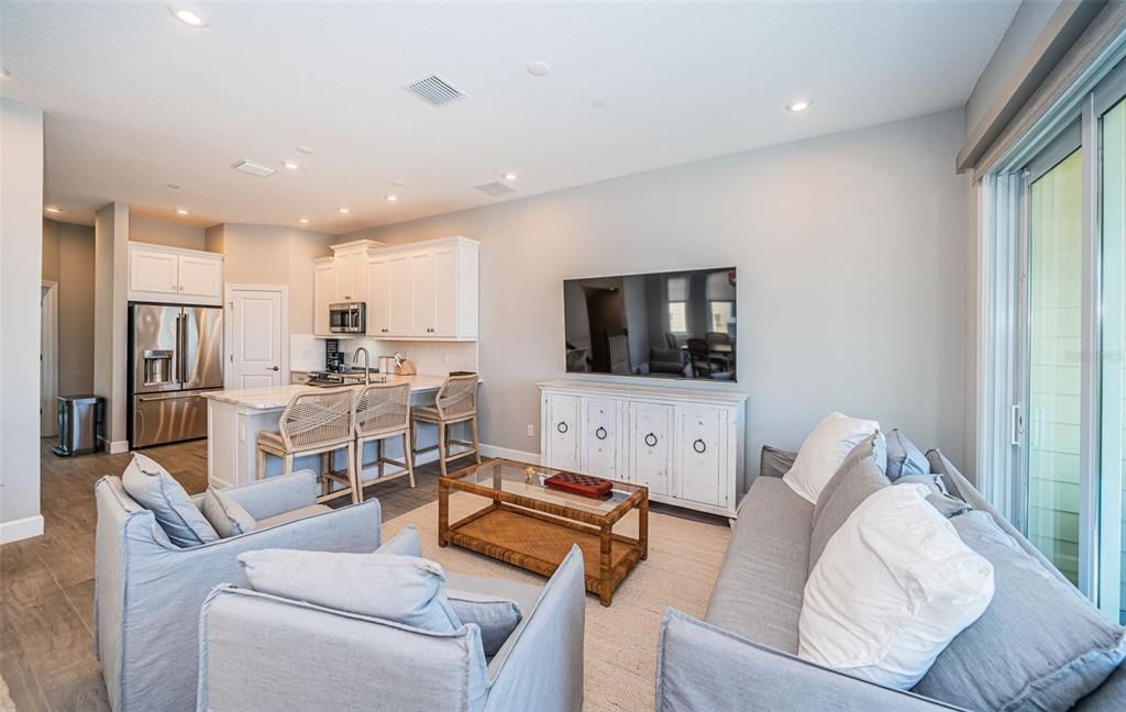 Interior, Kitchen, Living room, Recessed Lighting, Stainless Steel Appliances, Wood Texture Flooring