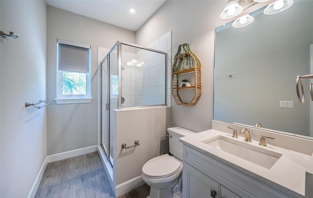 Bathroom, Glass Shower, Interior, Recessed Lighting, Wood Texture Flooring