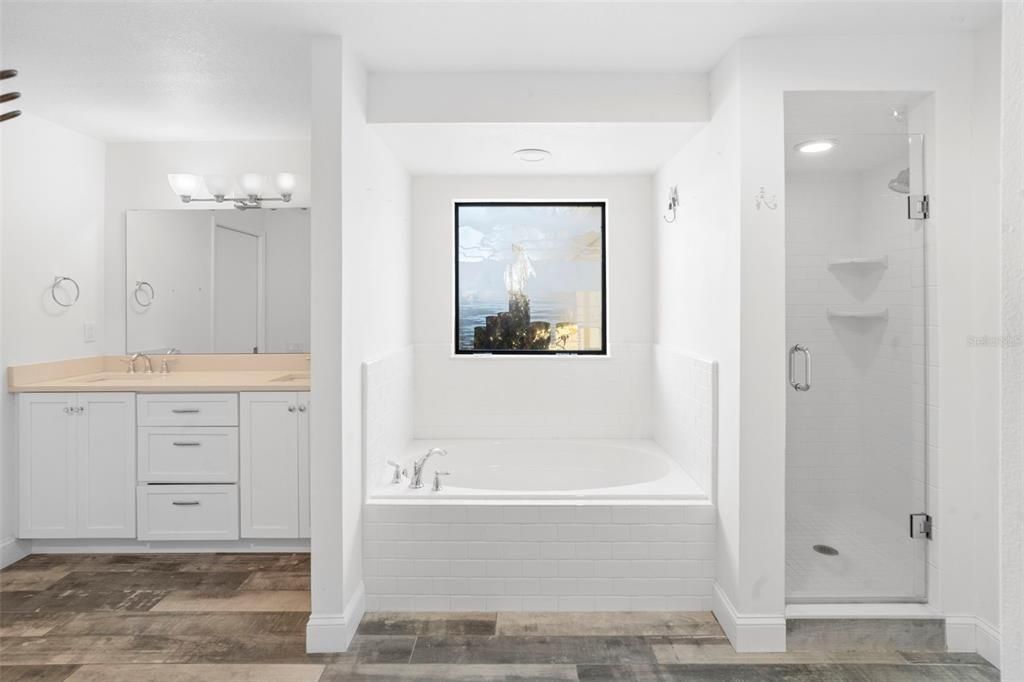 Bathroom, Dual Sink Vanities, Glass Shower, Interior, Recessed Lighting, Wood Texture Flooring