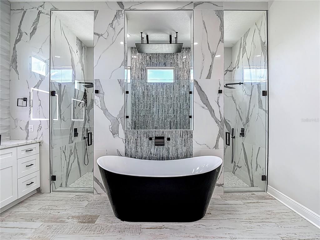 Bathroom, Free Standing Baths, Glass Shower, Interior, Marble, Marble Walls, Wood Texture Flooring