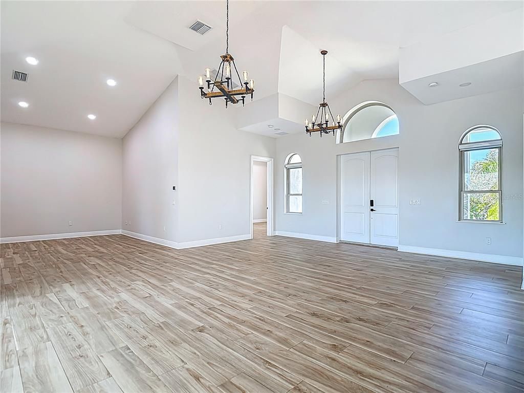 Chandelier, Empty room, Interior, Pendant Lights, Recessed Lighting, Wood Texture Flooring