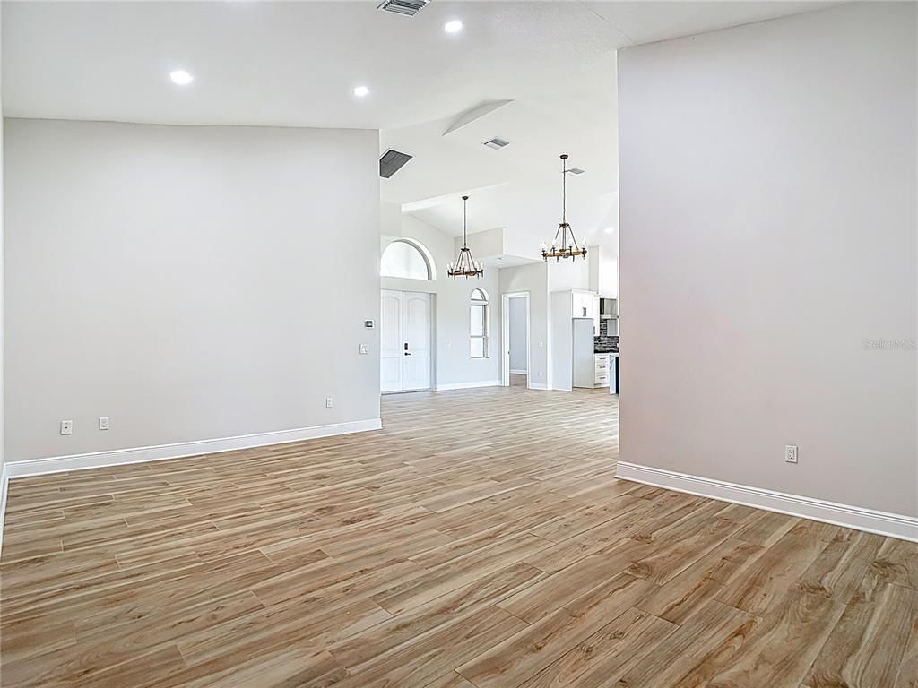 Chandelier, Empty room, Interior, Kitchen, Pendant Lights, Recessed Lighting, Wood Texture Flooring